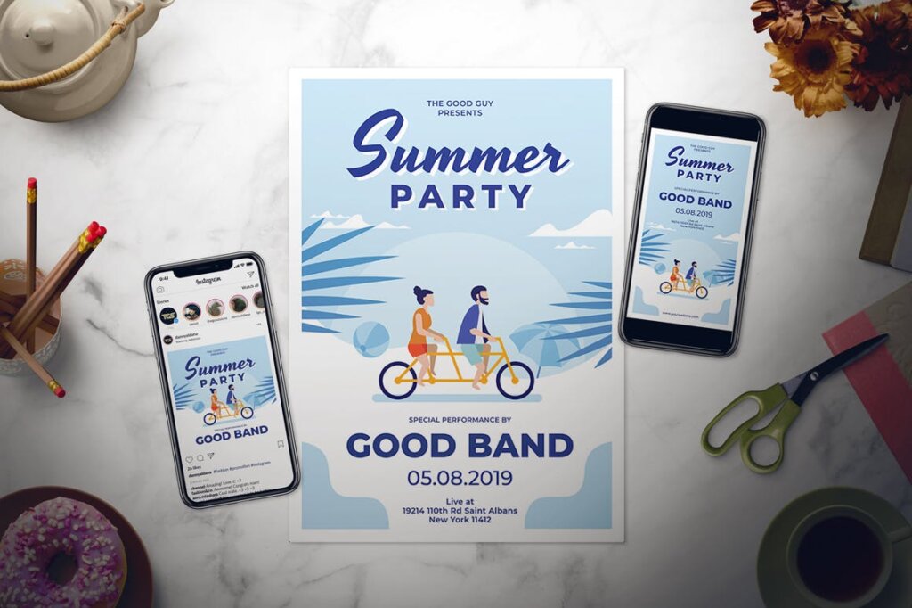 夏季活动派对传单海报场景扁平插画传单海报模板Summer Party Flyer Set插图1