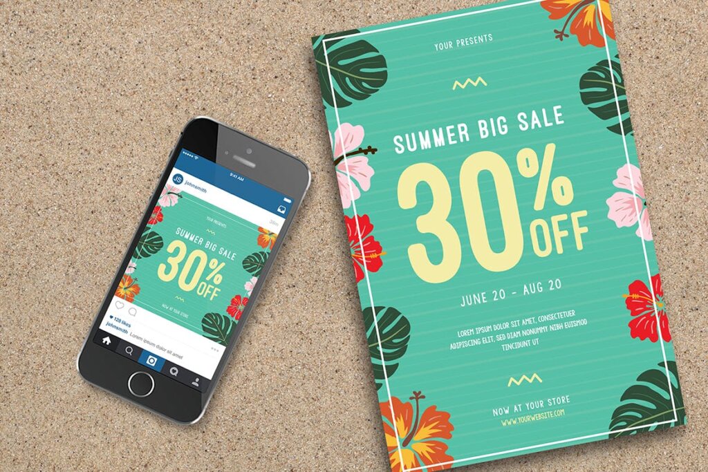 夏季绿植装饰背景促销传单海报Summer Sale Flyer instagram Post插图1