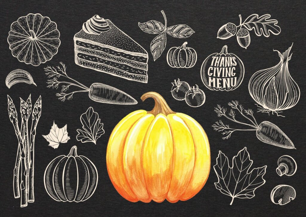 感恩节秋天蔬菜手绘食品装饰图案纹理素材下载Thanksgiving Food Illustrations插图1