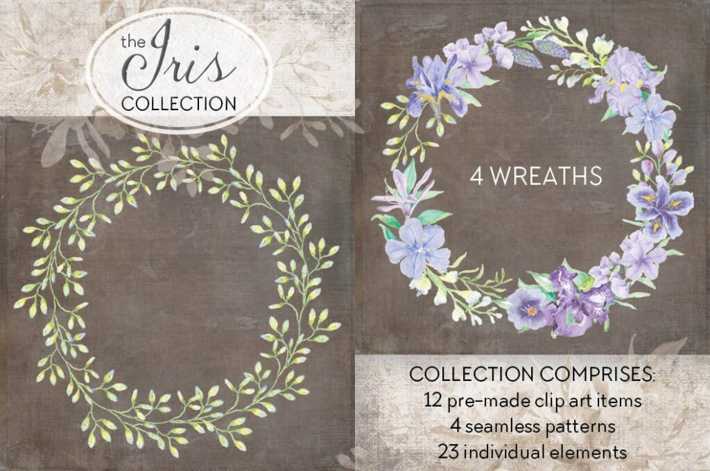 薰衣草装饰图案花纹/洗化用品装饰图案纹理素材The Iris Collection Watercolor Clip Art Bundle插图1