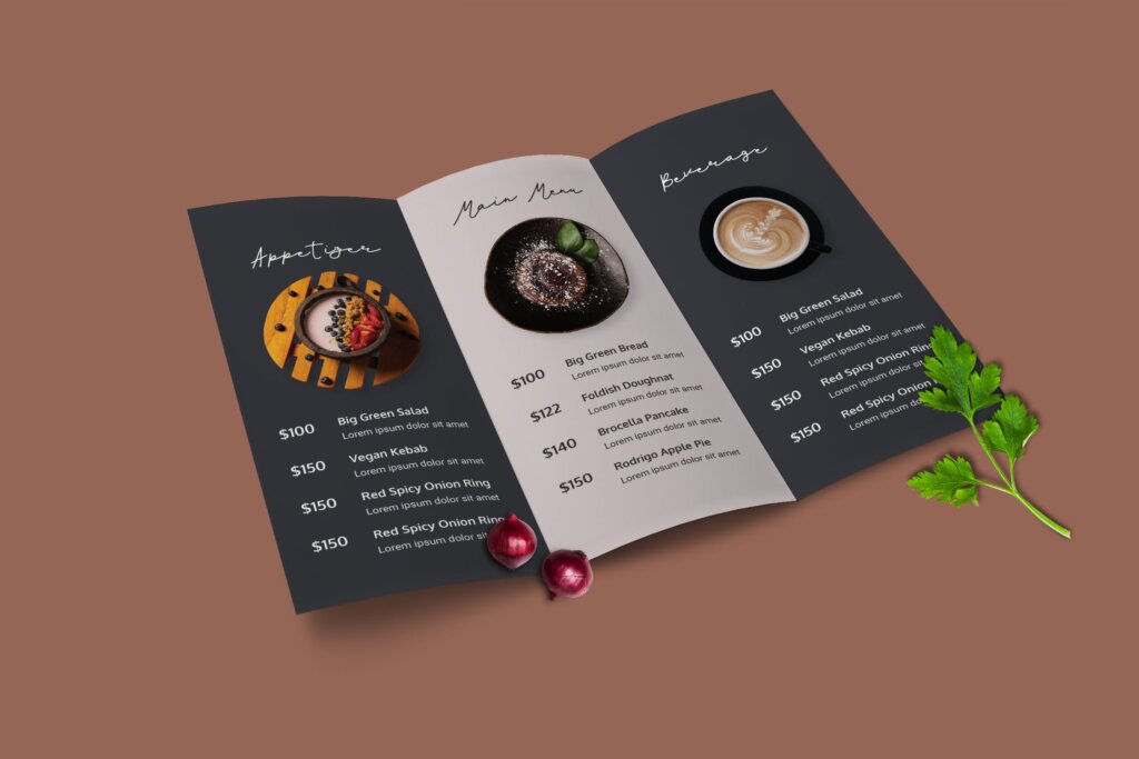 西餐厅读书会餐饮品牌折页模版素材下载Trifold Restaurant Menu Template 328FJMU插图1