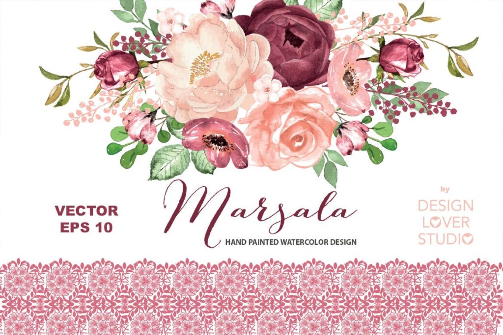 创意玫瑰水彩设计图案纹理素材下载VECTOR Marsala watercolor design插图1
