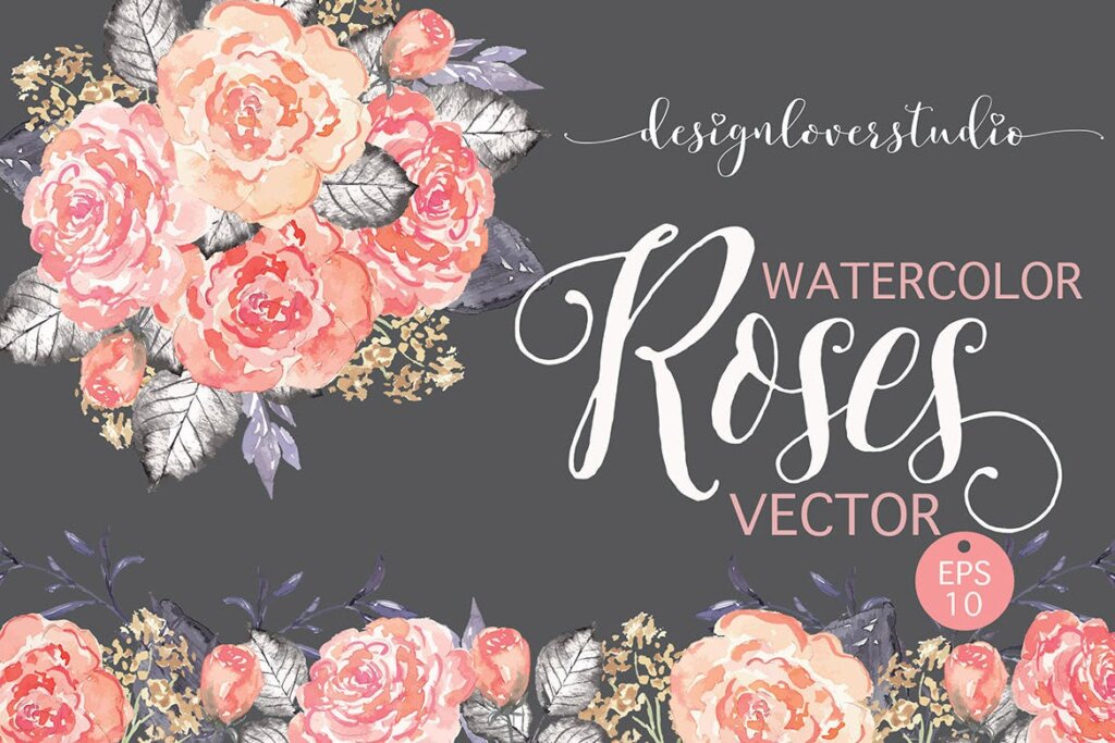 水彩珊瑚红玫瑰装饰图案纹理装饰图案Vector watercolor coral red roses插图1