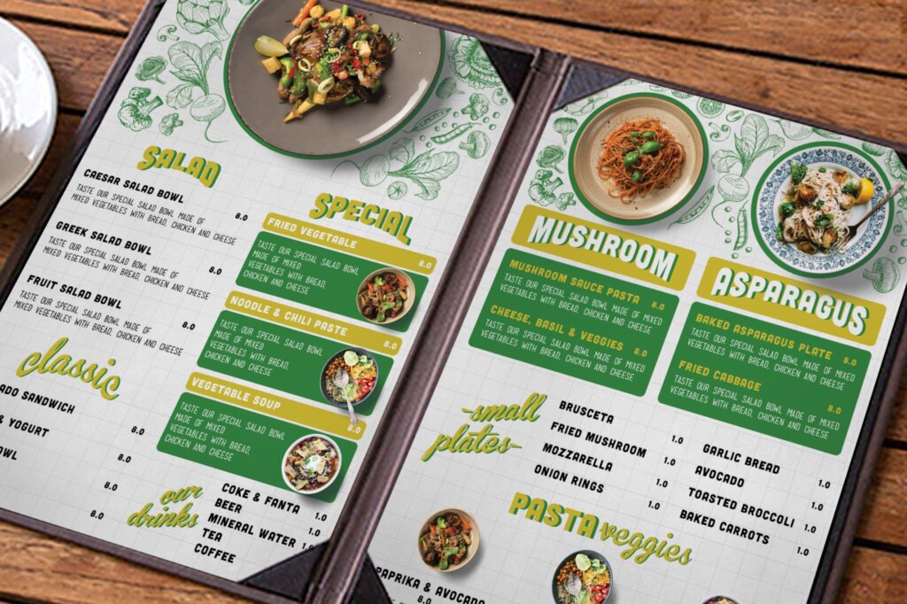 绿色有机蔬菜餐饮菜单印刷品模版素材下载Vegetarian Food Menu插图1