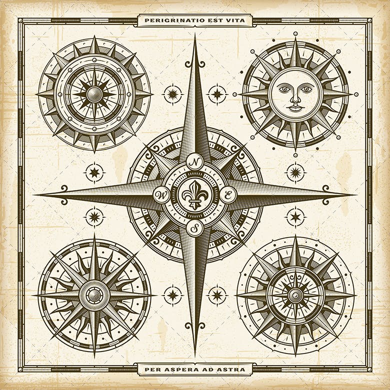 黑白工业风手绘罗盘装饰图案素材Vintage Compass Roses Set插图1