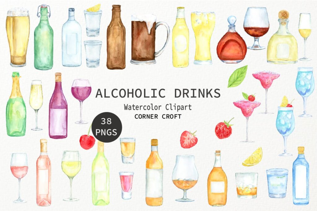 酒类装饰元素图案纹理模版素材下载Watercolor Alcoholic Drinks Illustration插图1