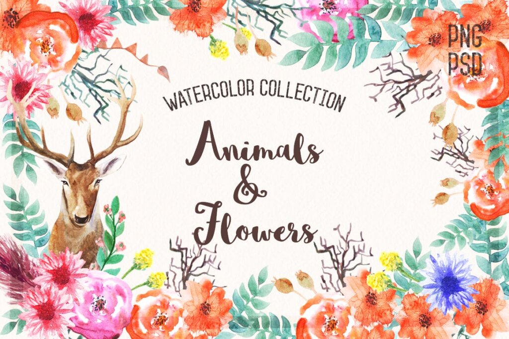 水彩画动物和花卉装饰图案纹理素材Watercolor Animals & Flowers插图1