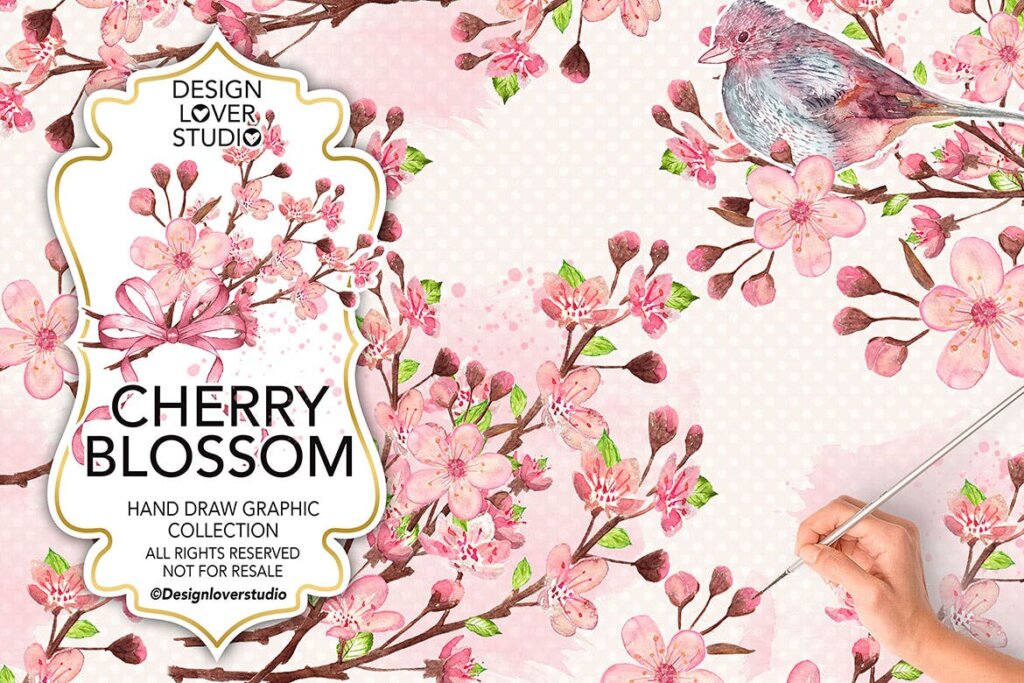 水彩樱花装饰图案素材模板下载Watercolor CHERRY BLOSSOM design插图1