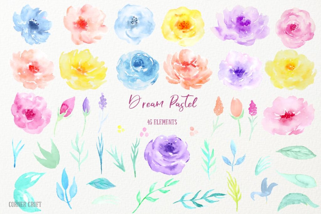 水彩剪贴画装饰图案纹理素材模版下载Watercolor Collection Dream Pastel插图1