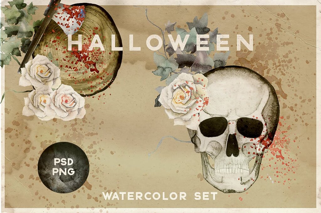 水彩万圣节复古套装装饰图案纹理素材Watercolor Halloween Vintage Set插图1