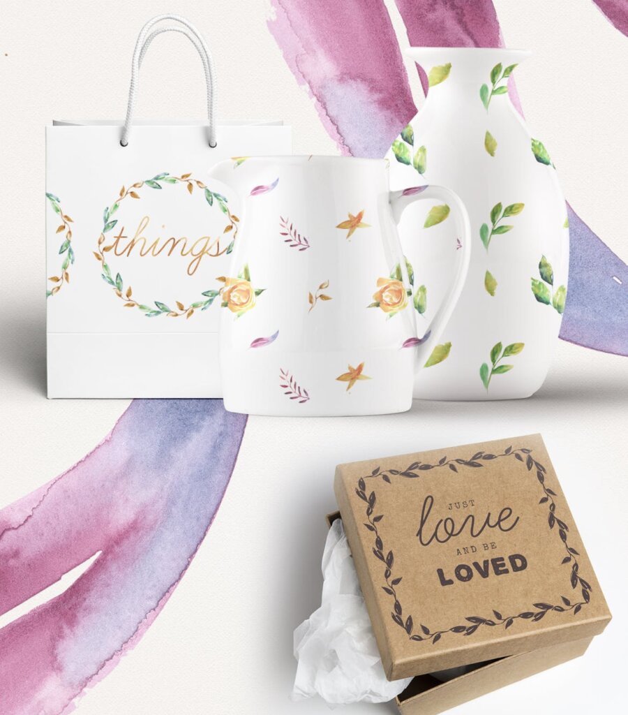 婚礼品牌包装图案纹理/品牌包装盒装饰图案纹理素材Watercolor Handmade Design Bundle插图1