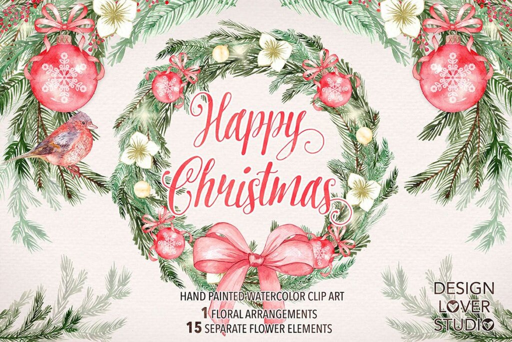 圣诞节装饰图案/圣诞树装饰图案素材下载Watercolor Happy Christmas design插图1