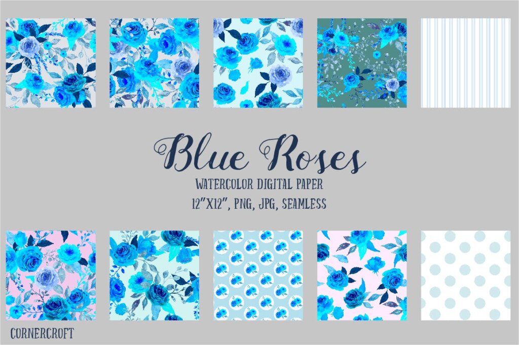 手绘水彩花卉背景的蓝色玫瑰和鲜花装饰图案纹理下载Watercolor Pattern Blue Rose插图1