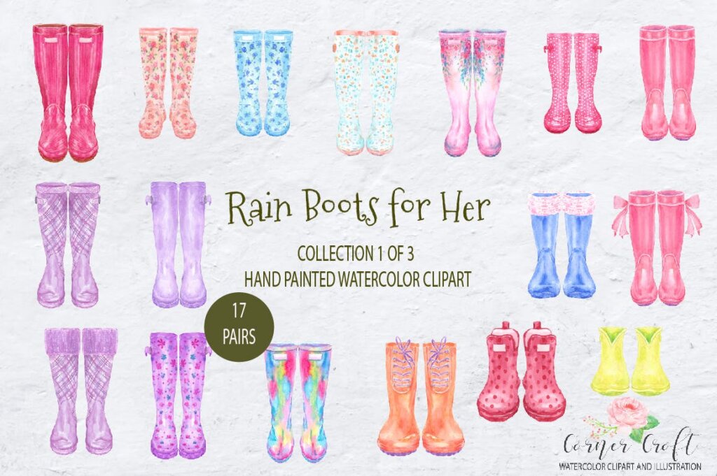 手绘水彩雨靴系列装饰图案纹理/贺卡装饰图案纹理素材Watercolor Rain Boots for Her插图1