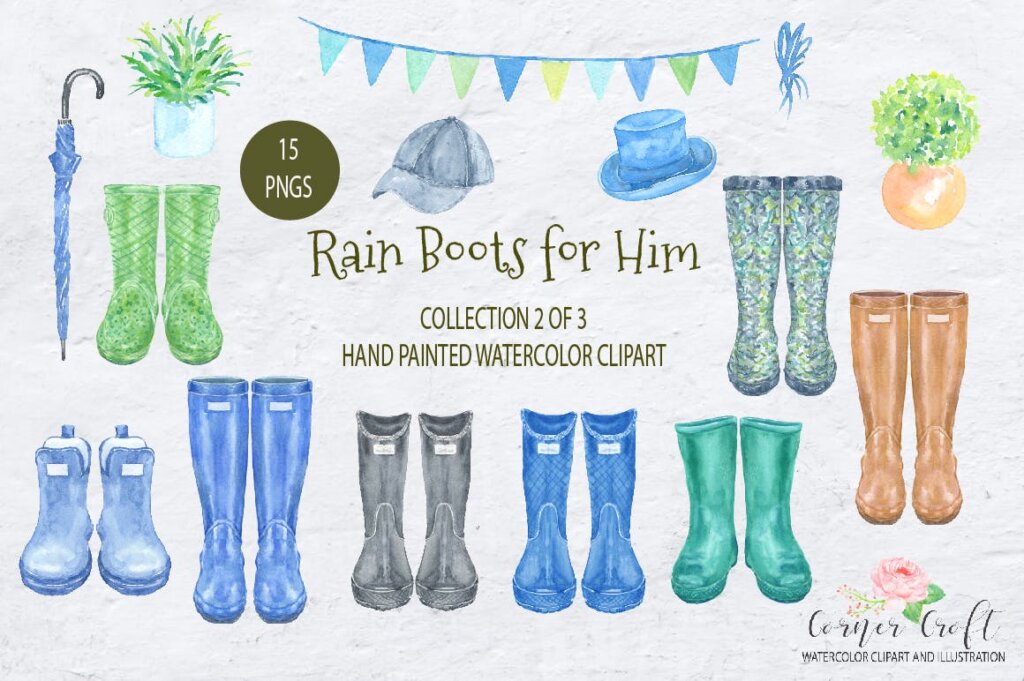 梦幻装饰图案元素模版素材下载Watercolor Rain Boots for Him插图1