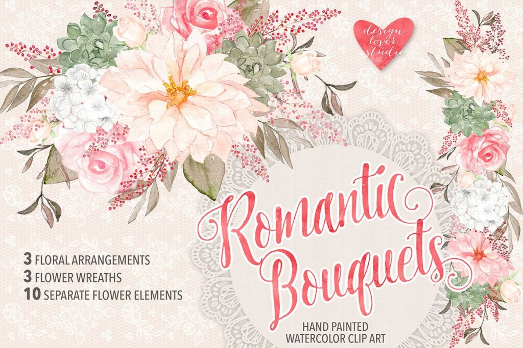 浪漫主题花束剪贴画/粉色水彩花卉图案纹理素材Watercolor Romantic Bouquets design插图1