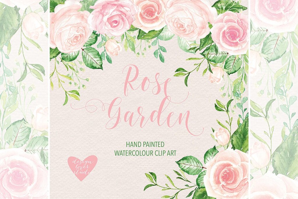 粉色水彩玫瑰花剪纸图案装饰素材Watercolor Rose Garden clipart插图1