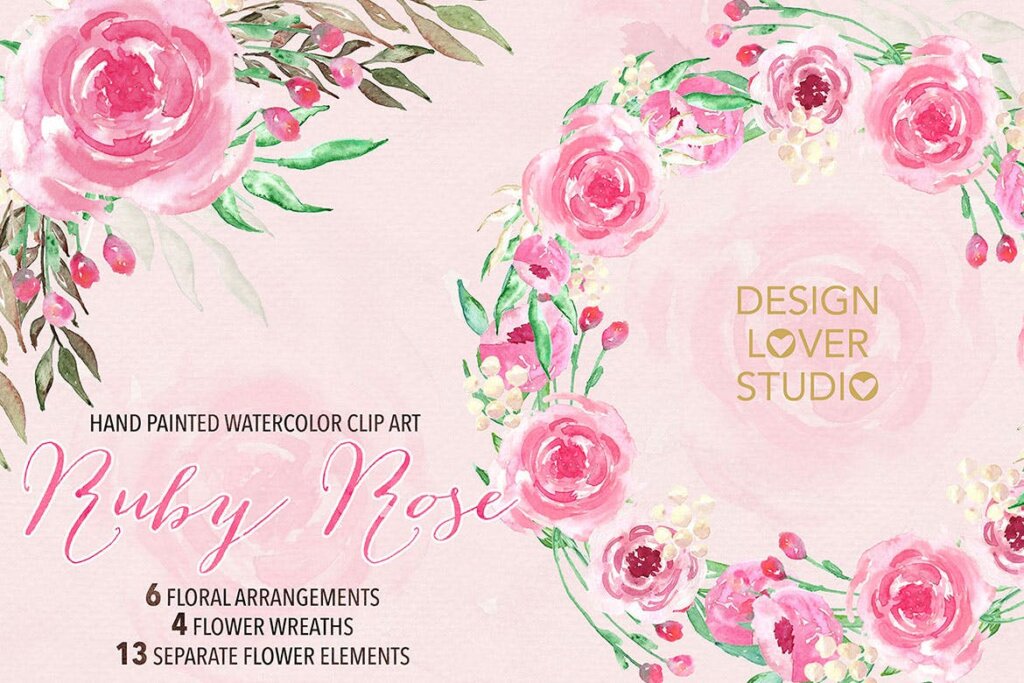 水彩红宝石玫瑰花卉剪贴画花环装饰图案Watercolor Ruby rose floral clipart插图1