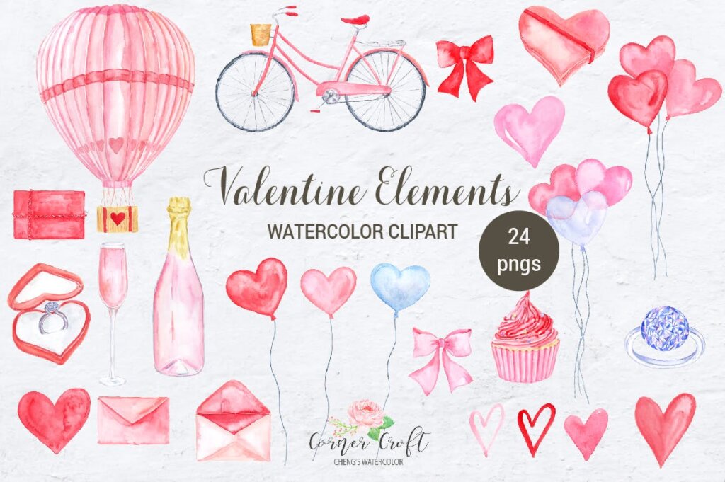 情人节水彩画装饰图案纹理素材模版下载Watercolor Valentine Elements插图1