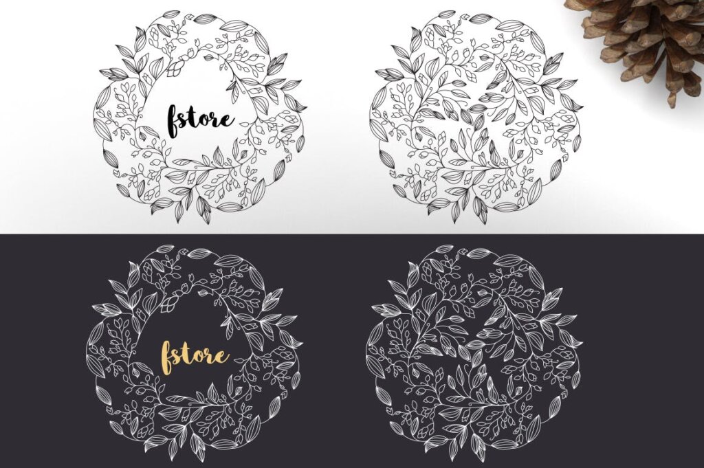 黑白手绘花卉图形集创意花环装饰图案纹理素材12 Floral design elements Pro插图2