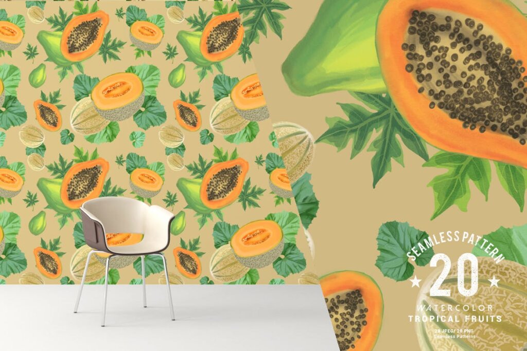 热带水果水彩画厨房窗帘墙纸装饰图案花纹素材模版下载20 Watercolor Tropical Fruits Seamless Pattern插图2