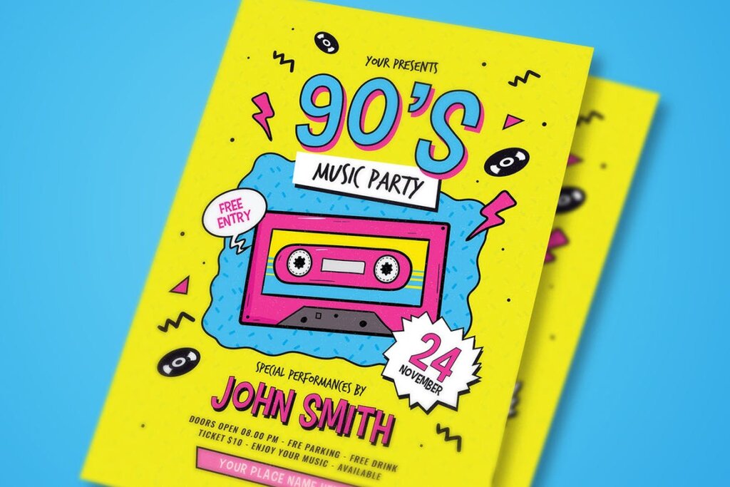 青年音乐活动派对传单海报模板素材下载90s Music Party Flyer插图2
