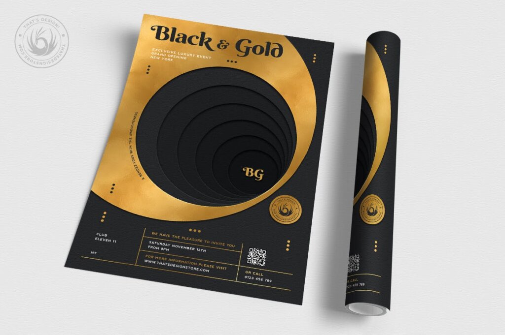 一点透视黑色和金色传单海报模板素材Black and Gold Flyer Template V11插图2