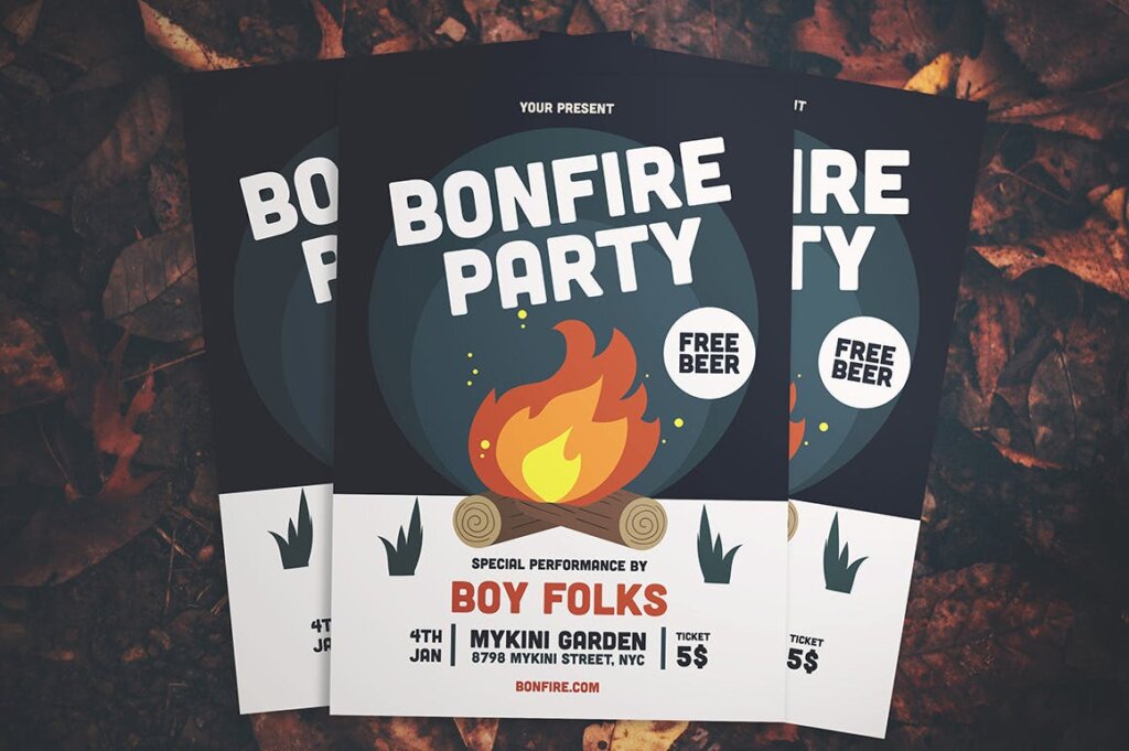 矢量插图风格篝火晚会传单海报模版素材bonfirepartyflyer