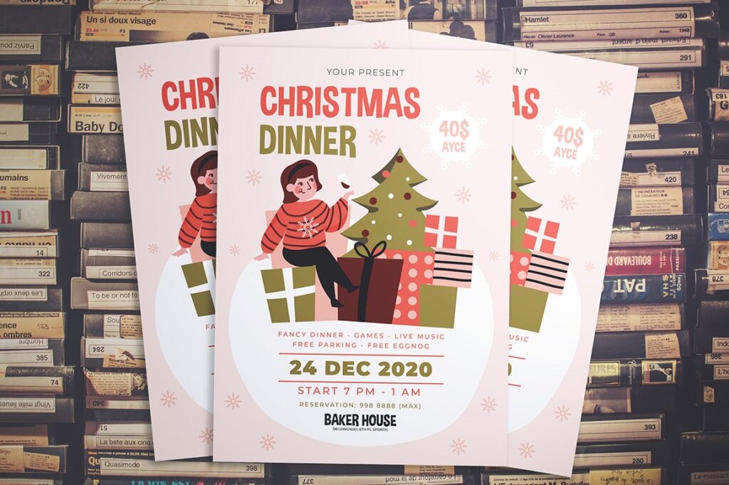 卡通圣诞晚宴传单海报模版素材下载Christmas Dinner Party Flyer插图2