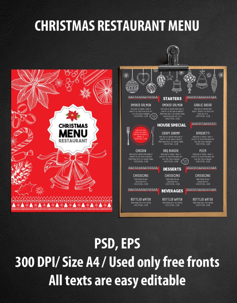 红黑设计风格圣诞菜单餐厅传单海报模板素材Christmas Menu Restaurant Template 2QVJR2插图2