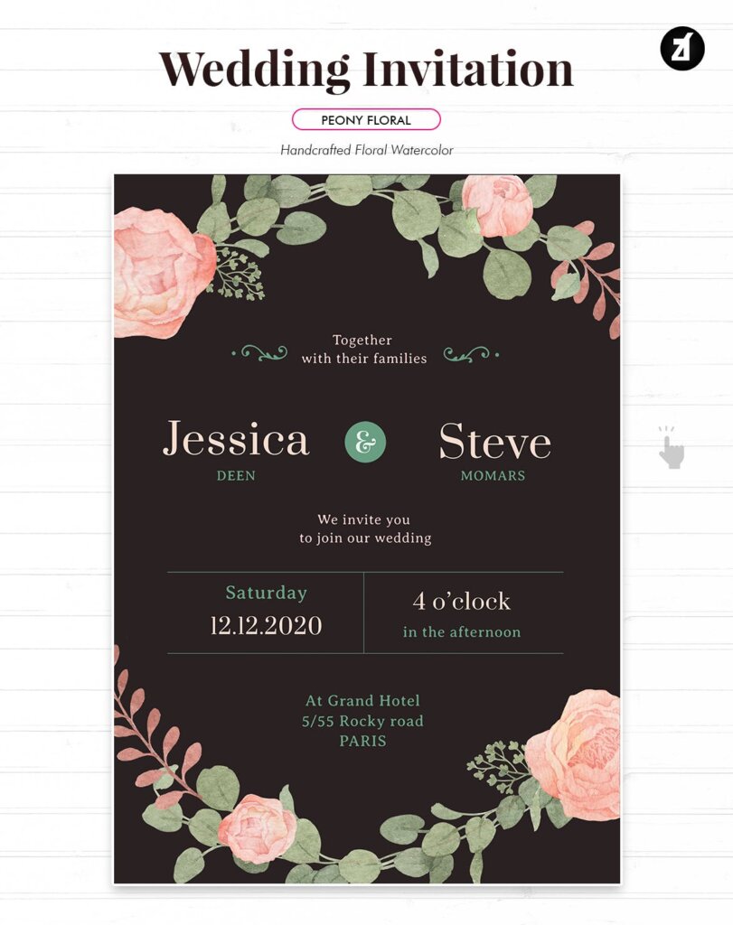 牡丹花手绘水彩与花饰邀请函传单海报模板Floral Hand drawn Watercolor Wedding Invitation W3UTWMF插图2
