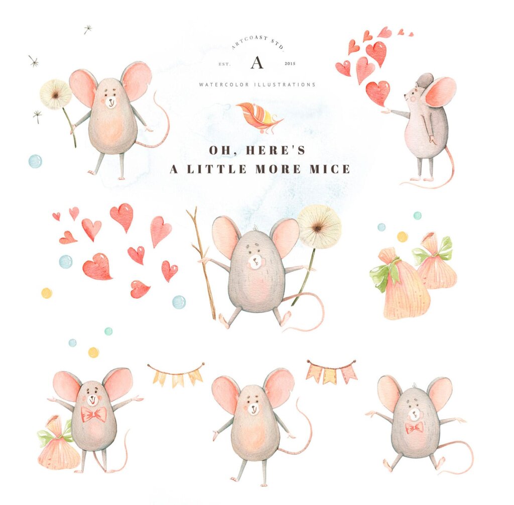 小老鼠鲜花装饰图案纹理素材下载Funny Little Mice & Flowers插图2