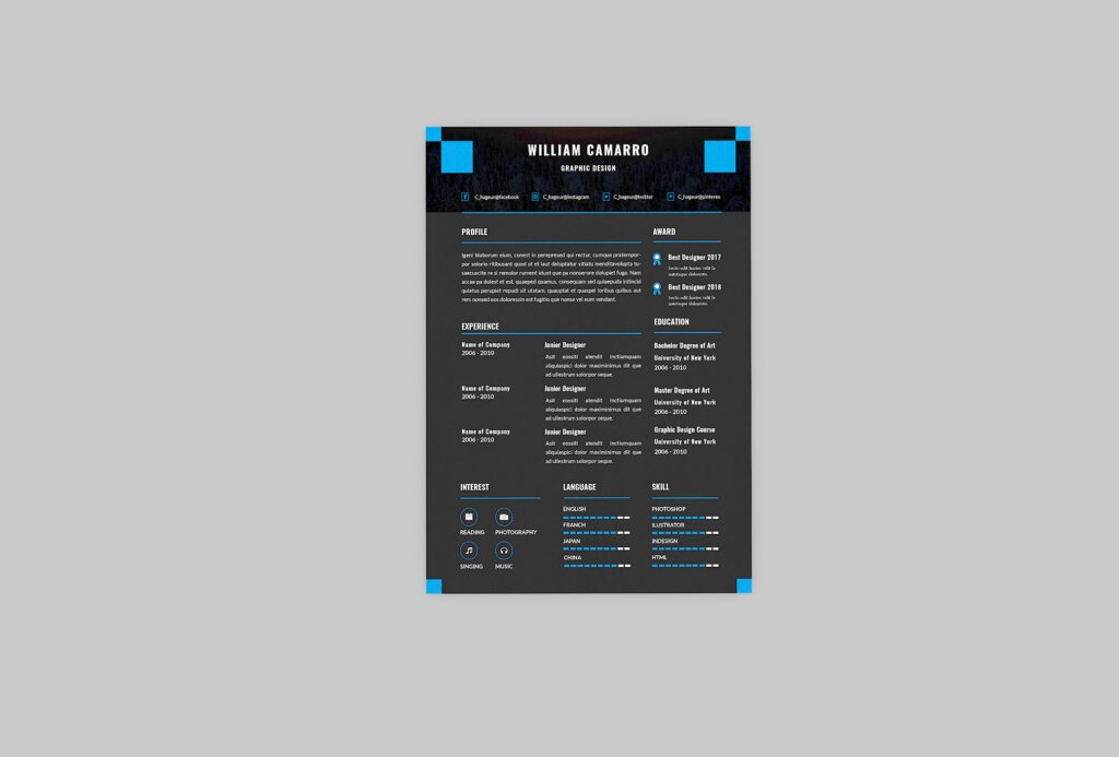 黑色简约设计师简历模板素材下载Graphic Camarro Resume Designer插图2