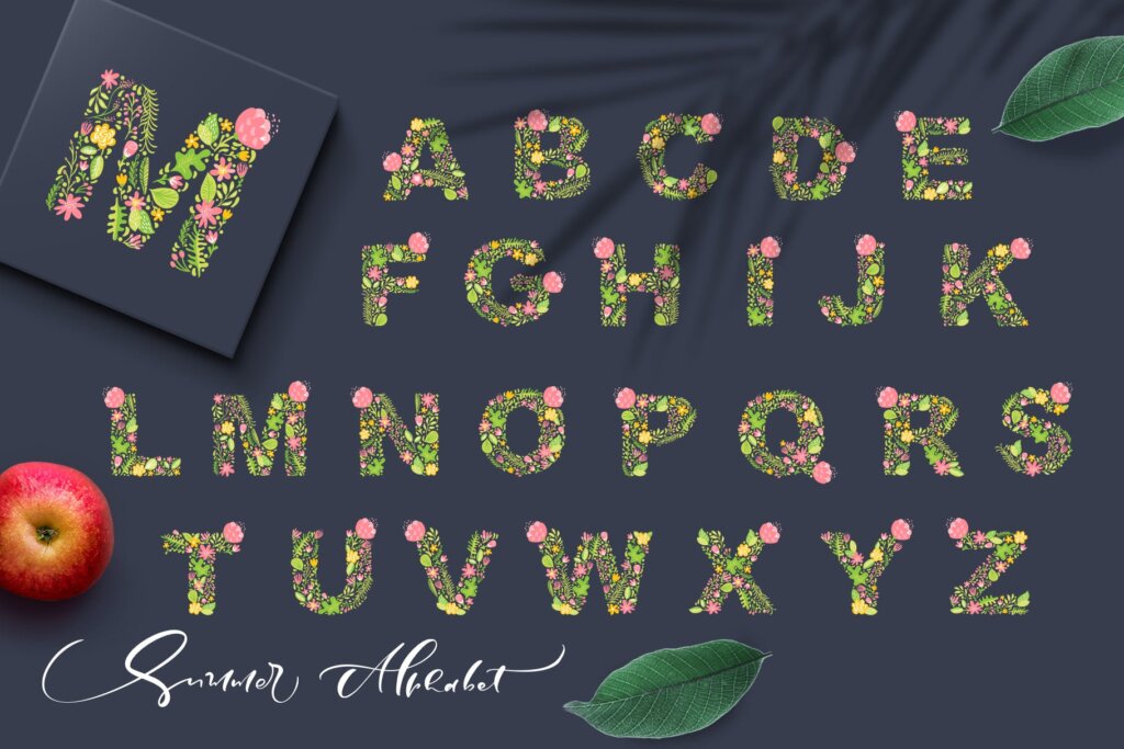 儿童相册装饰图案/儿童字母服装装饰图案纹Hand Drawn Summer Flower Alphabet SVG插图2