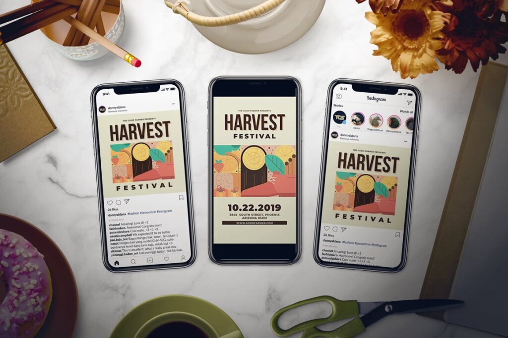 丰收节宣传单海报扁平化插画背景图案模板素材Harvest Festival Flyer Set插图2