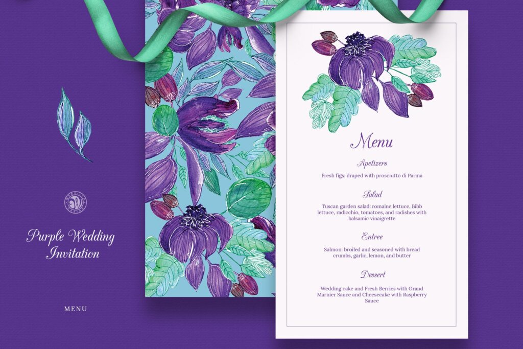 紫色婚礼请柬模板传单海报素材模板下载Purple Wedding Invitation Set插图2