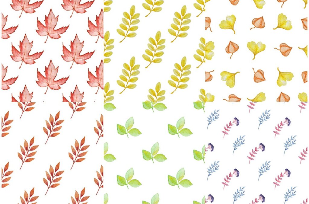12种花卉水彩与花卉和树叶矢量图案素材模板下载Set of Autumn Seamless Patterns插图2