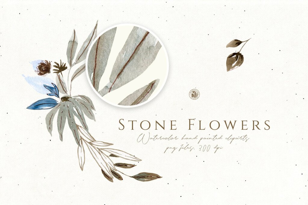 蓝色石花手绘花卉水彩剪贴画素材下载Stone Flowers JMTU59插图2