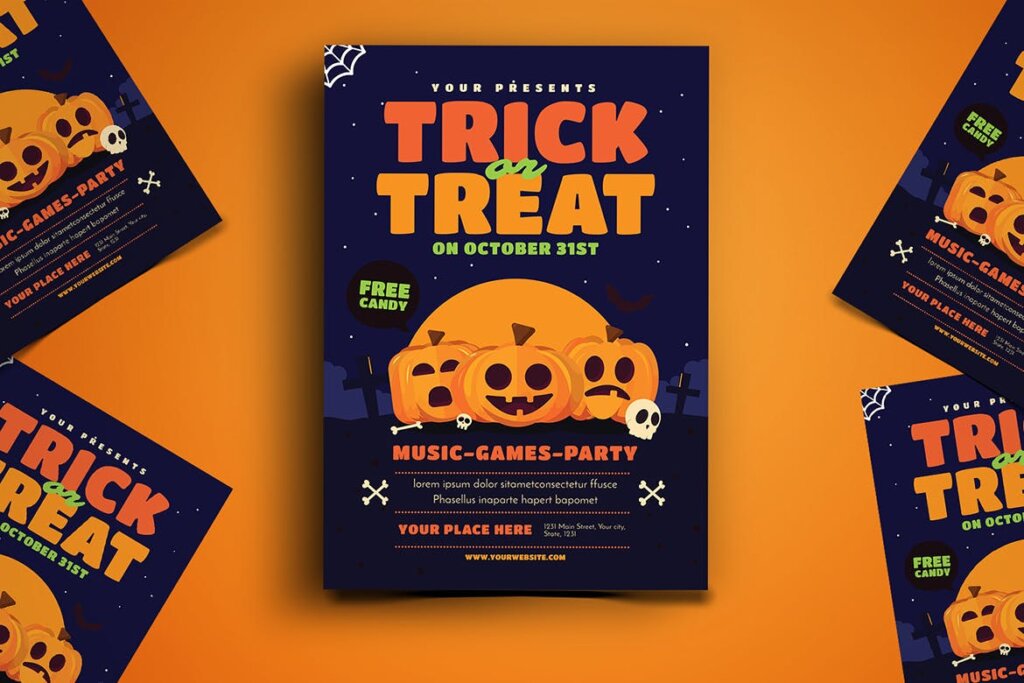 卡通南瓜主题万圣节宣传互动派对传单模版素材下载Trick or Treat Halloween Event Flyer插图2