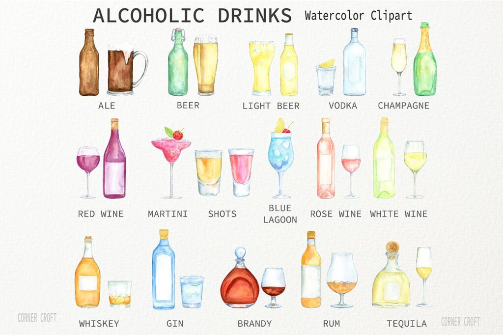 酒类装饰元素图案纹理模版素材下载Watercolor Alcoholic Drinks Illustration插图2