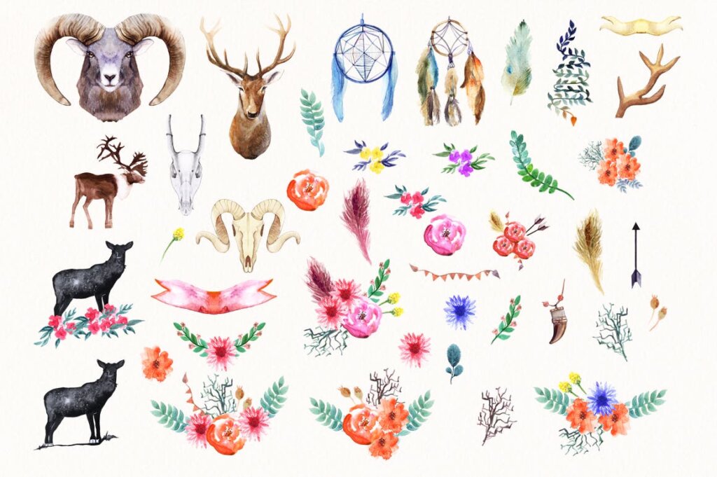 水彩画动物和花卉装饰图案纹理素材Watercolor Animals & Flowers插图2