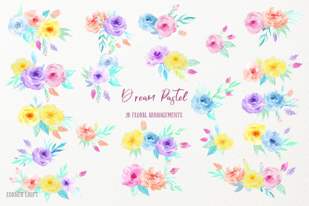 水彩剪贴画装饰图案纹理素材模版下载Watercolor Collection Dream Pastel插图2