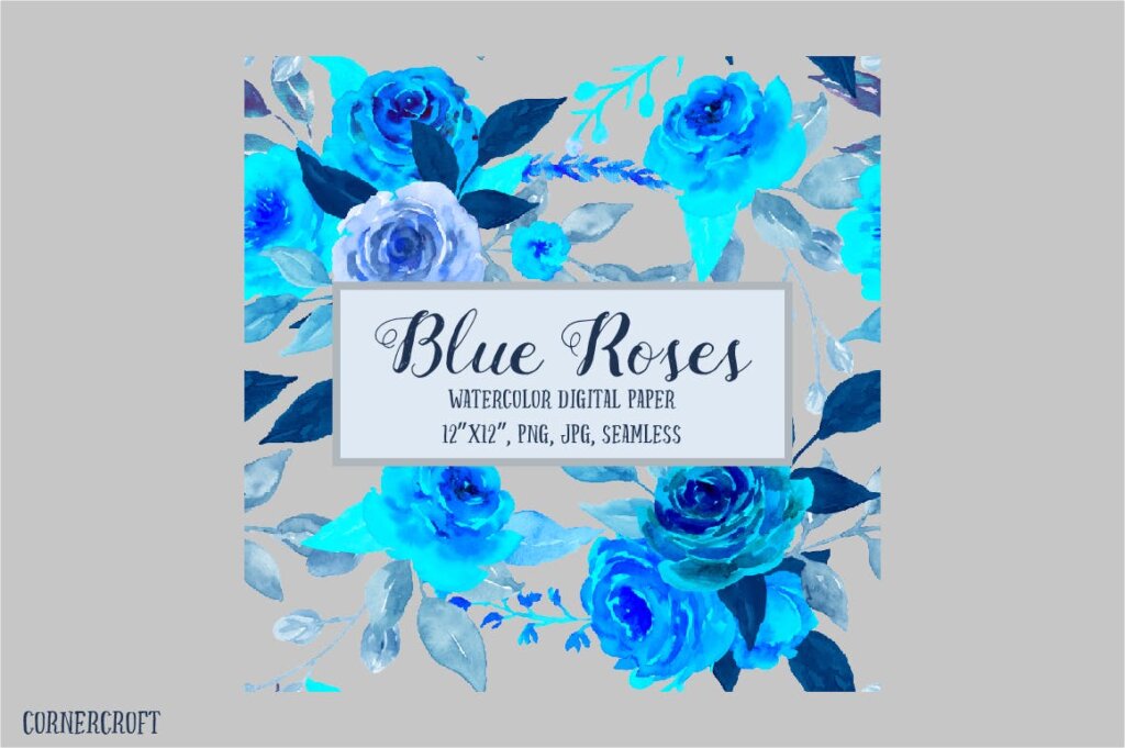 手绘水彩花卉背景的蓝色玫瑰和鲜花装饰图案纹理下载Watercolor Pattern Blue Rose插图2