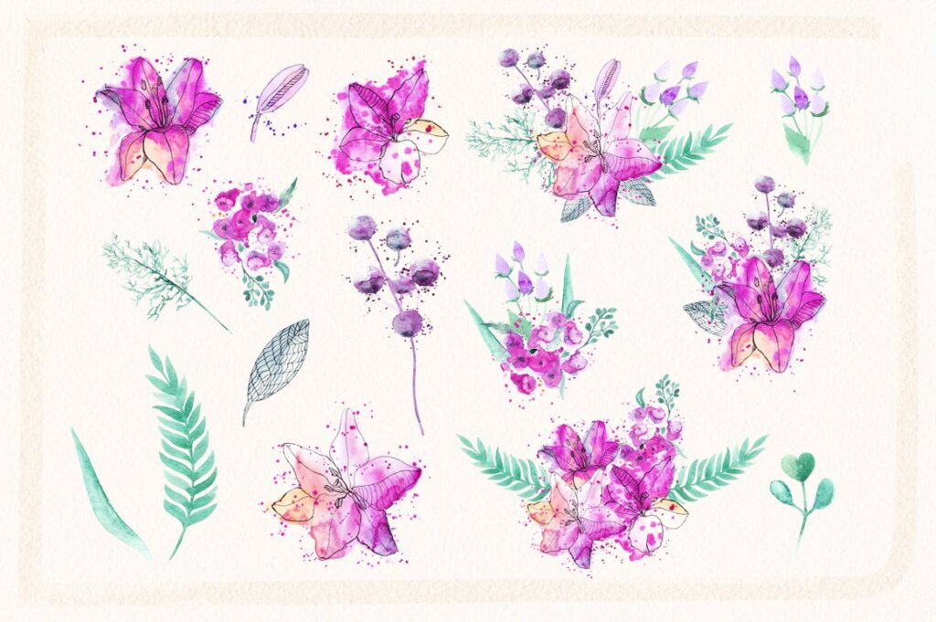 32个水彩装饰图案花纹/百合花枝叶手绘装饰图案元素下载Watercolor Sketch Lily插图2