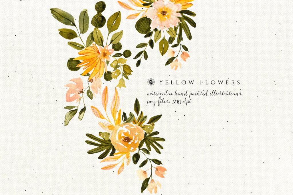 黄色水彩花卉/手绘花卉水彩装饰图案纹理素材Yellow Watercolor Flowers插图2