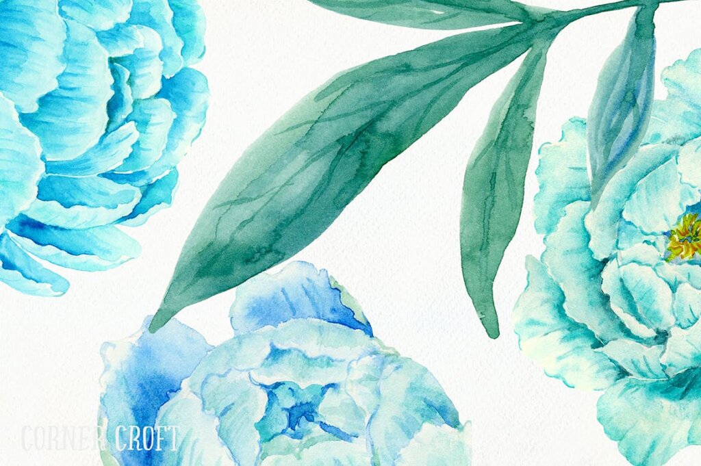水彩蓝色牡丹剪纸装饰图案纹理素材模版下载Blue Peony Clip Art插图3