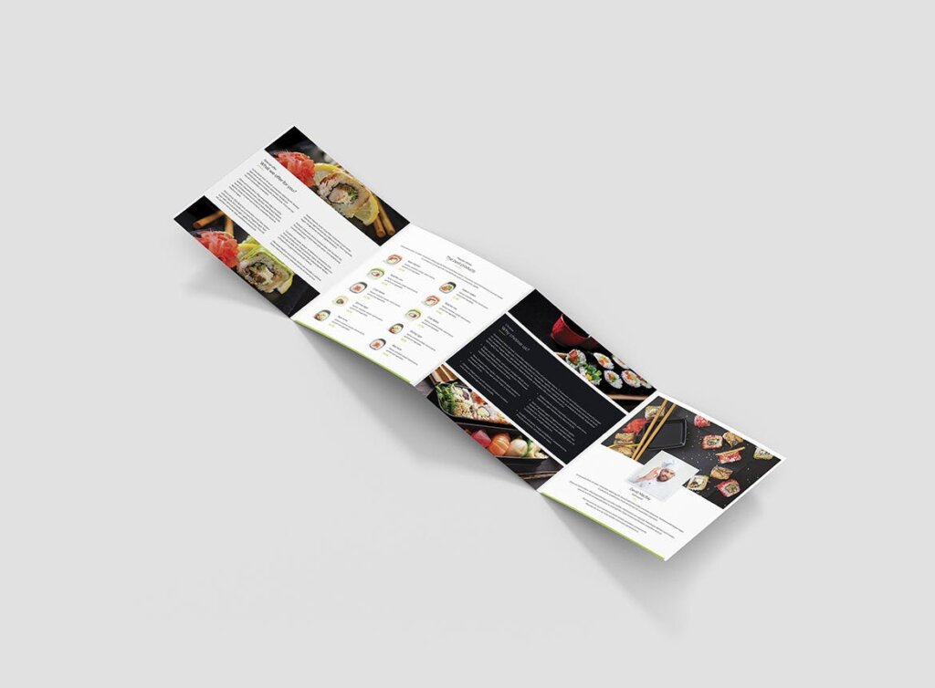 寿司日本食品寿司餐饮三折页印刷品模板素材下载Brochure Sushi Restaurant 4 Fold Square插图3