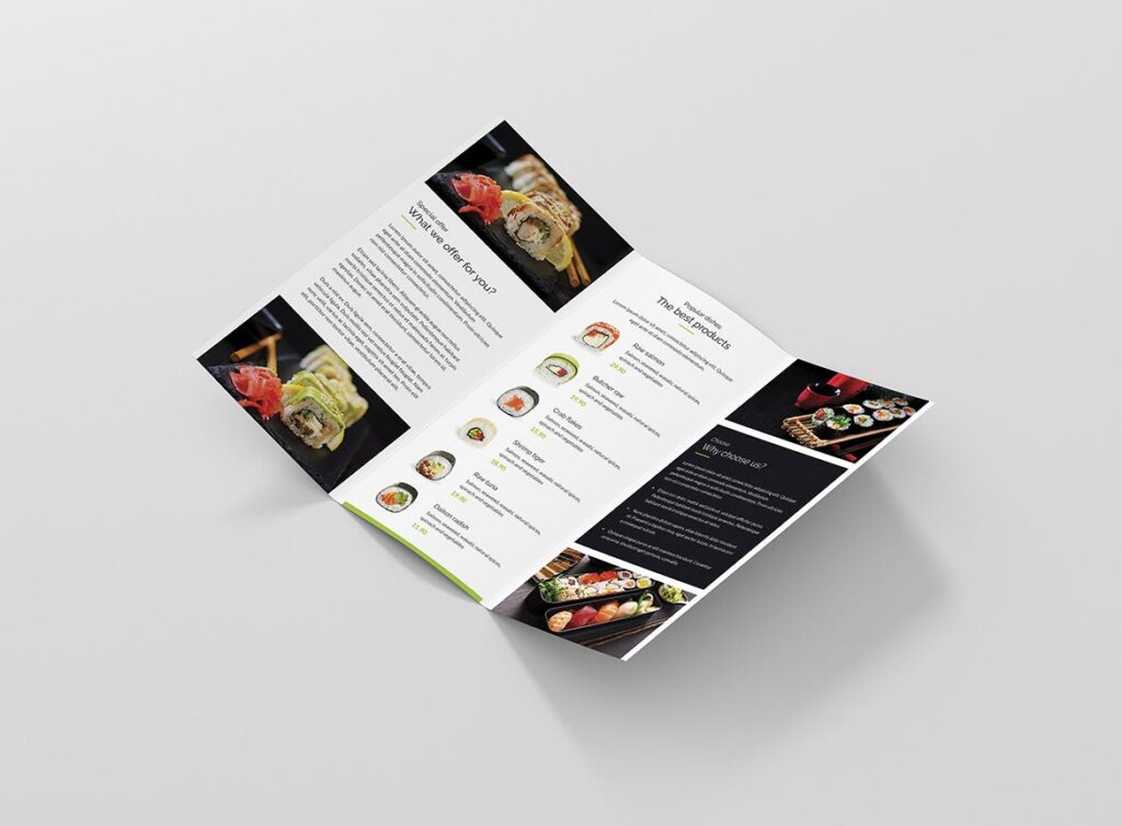 日本寿司店海鲜印刷品三折页模版素材下载Brochure Sushi Restaurant Tri Fold插图3