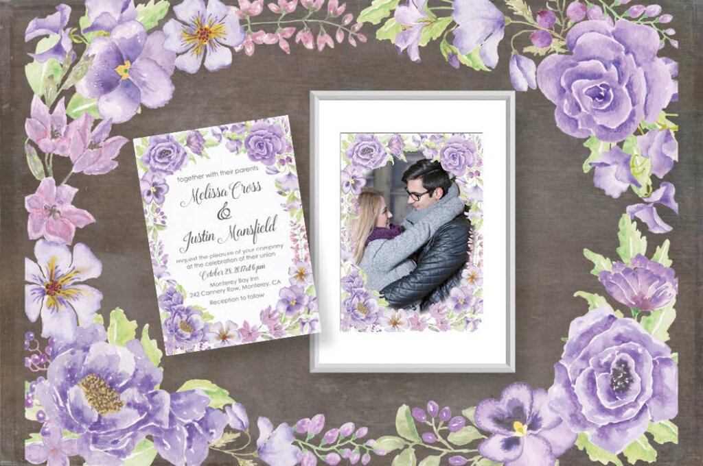 婚礼邀请函紫色手绘水彩花纹图案下载Purple Passion: Watercolor Clip Art Bundle插图3