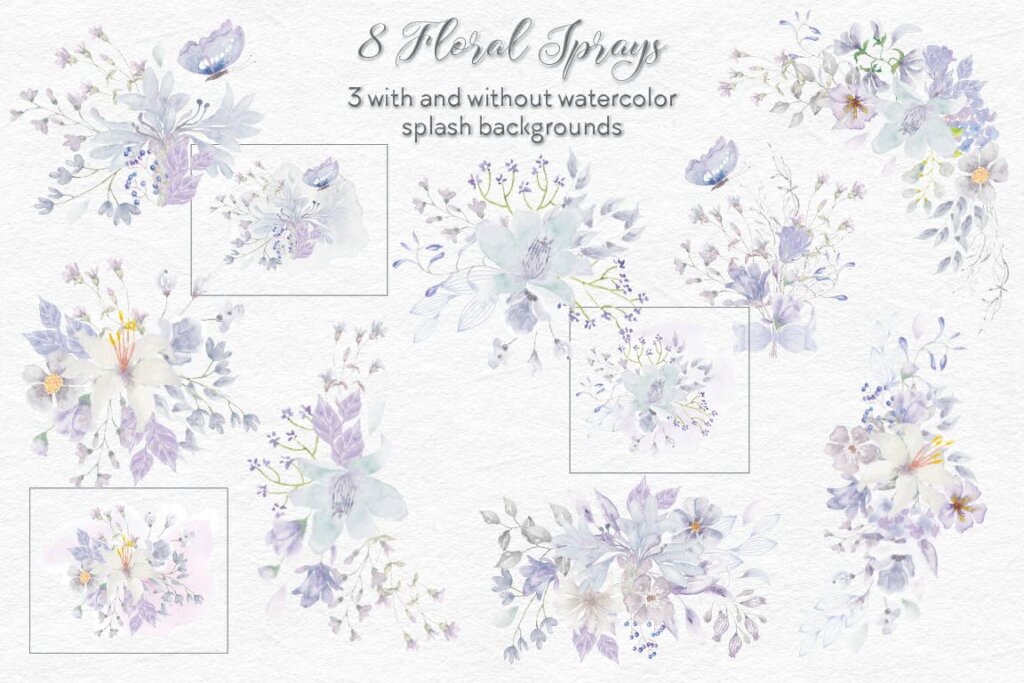 紫色花卉水彩/礼品包装盒装饰图案素材Smoky Grey Florals Watercolor Design Set插图3